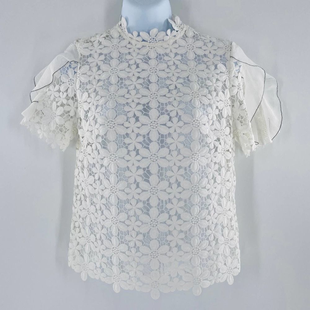 Self-Portrait Flounce Short Sleeve Daisy-Patterned Lace Mock Neck Blouse Size 2 - Picture 3 of 11